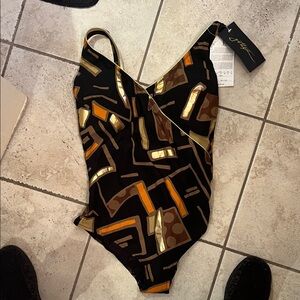 Gottex Black and Gold Abstract One Piece Swimsuit
